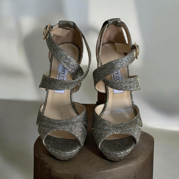 Authentic Jimmy Choo Women’s Kuki Gold Glitter Platform Stiletto Heels! 7! COA! - Picture 5 of 14